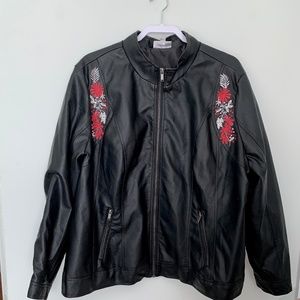 Avenue Black Embroidered Jacket (leather look)